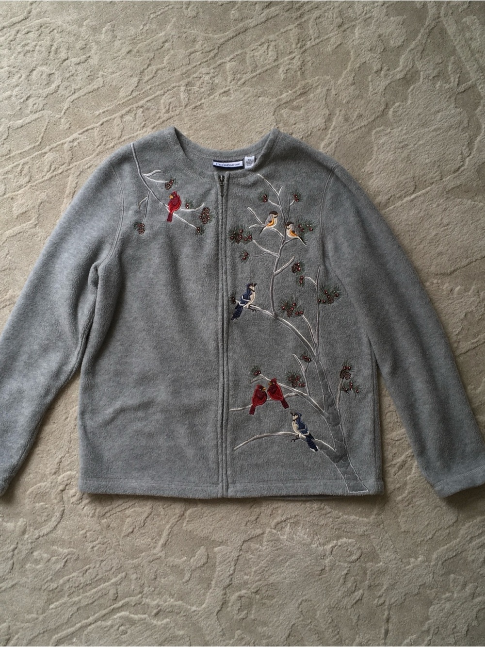 croft & barrow Gray Embroidered Bird Zip-Front Cardigan